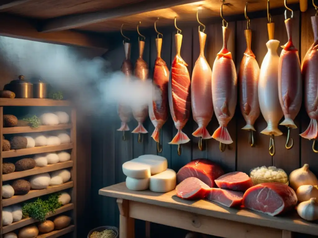 Un oscuro y detallado sótano de curado con carnes colgantes, ajo y hierbas