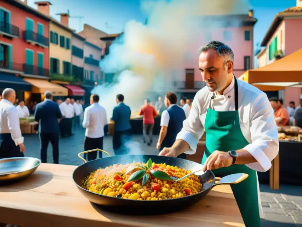 José Andrés prepara paella en mercado, transmitiendo emoción y expertise culinaria