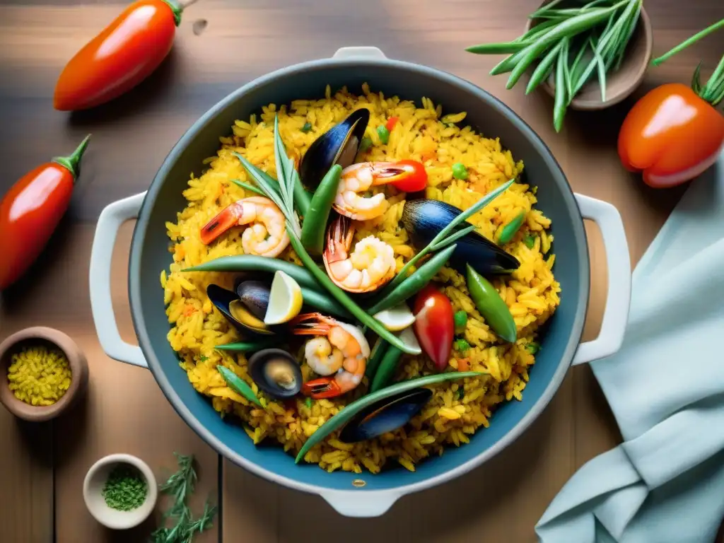 Una paella valenciana auténtica, detallada y vibrante con ingredientes frescos expertamente dispuestos bajo el cálido sol mediterráneo