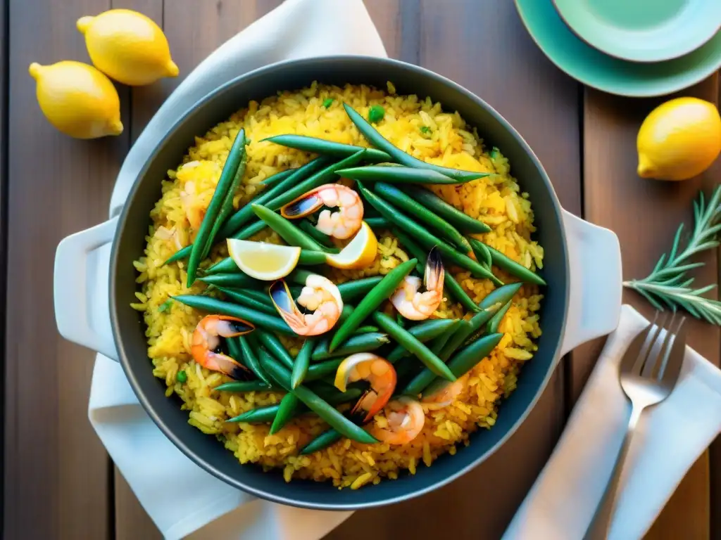 Una paella valenciana auténtica, llena de ingredientes frescos y colores vibrantes, en un mercado valenciano