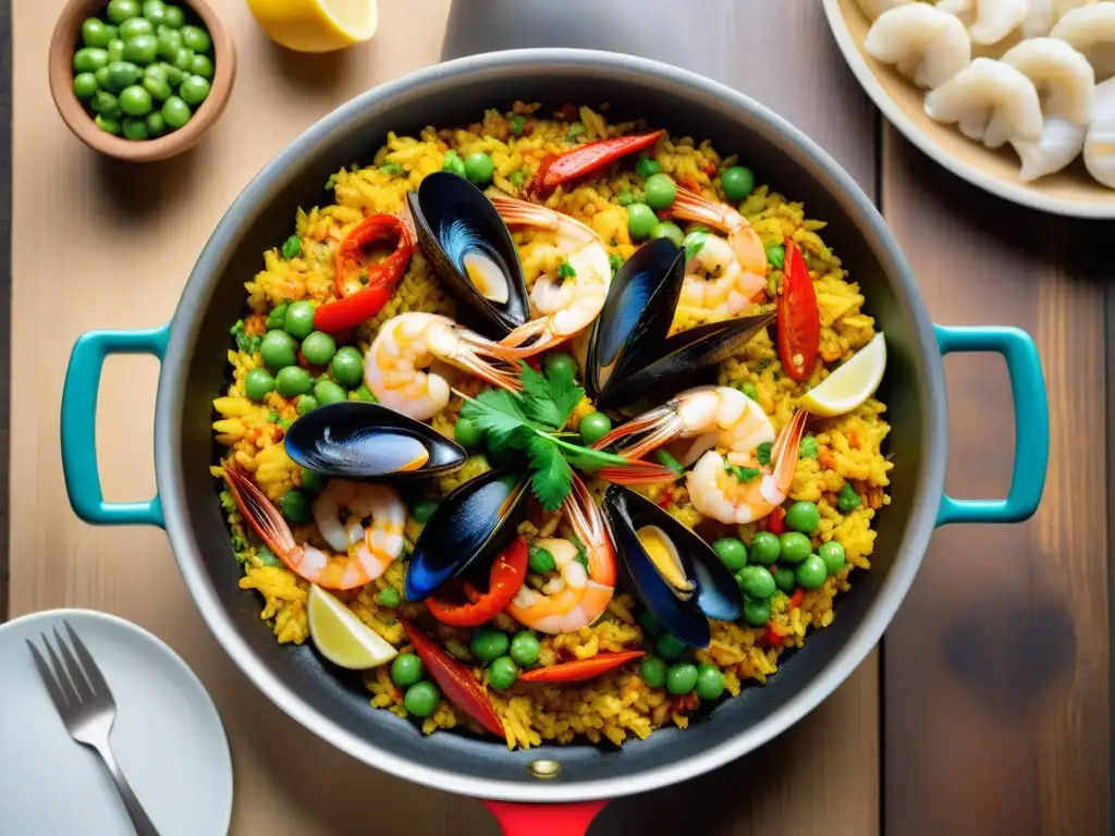 Una paellera humeante llena de colorida paella con mariscos, chorizo, pollo y pimientos, rodeada de ingredientes españoles