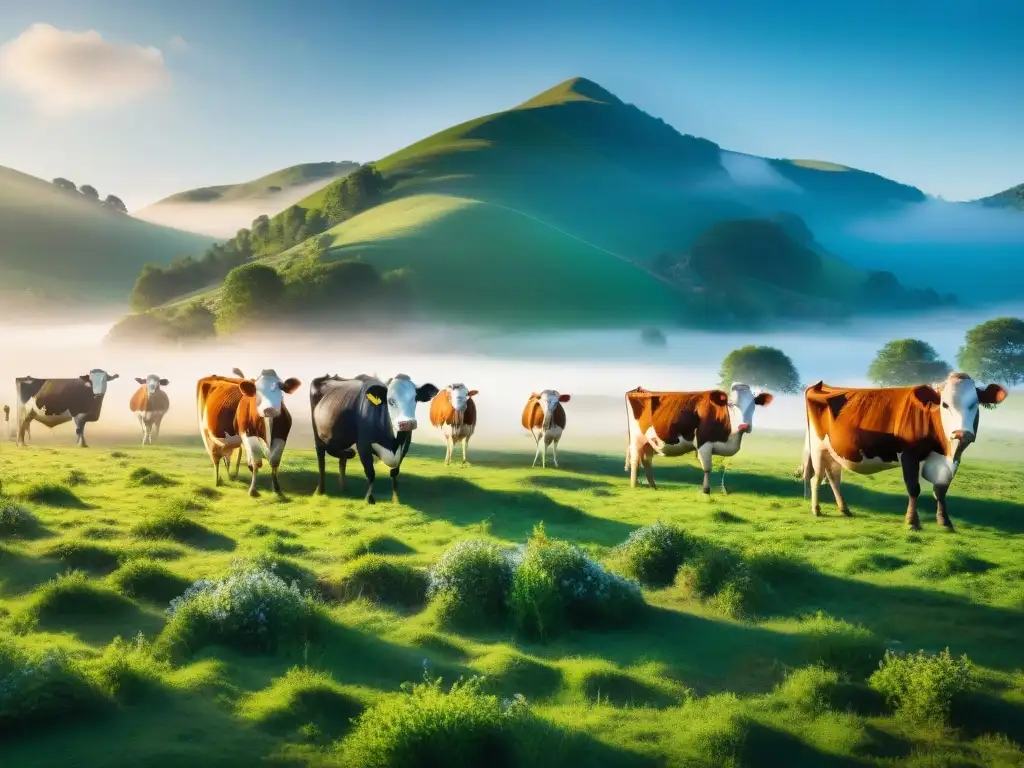 Un paisaje bucólico con vacas felices pastando en un prado verde bajo el sol