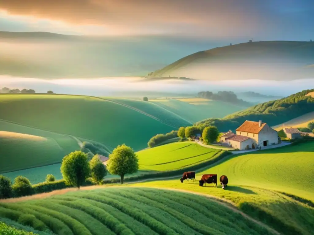 Paisaje campestre francés con colinas verdes, vacas pastando y una fromagerie artesanal al atardecer