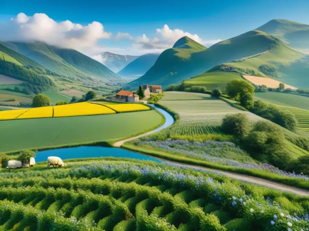 Un paisaje campestre de ensueño con granjas de queso, colinas y campos floridos