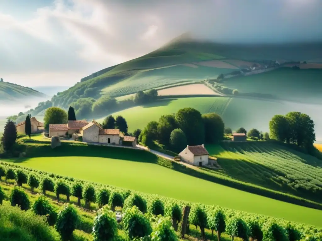 Imagen detallada de campo en Francia con vacas y fromagerie artesanal Paisaje campestre en Francia con vacas pastando y una fromagerie artesanal