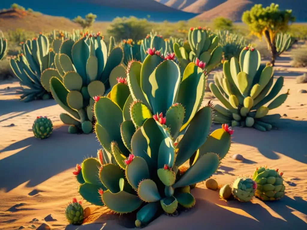 Un paisaje desértico vibrante al atardecer con nopales y tunas en la cálida luz dorada, evocando el sabor crujiente tunas nopales gourmet