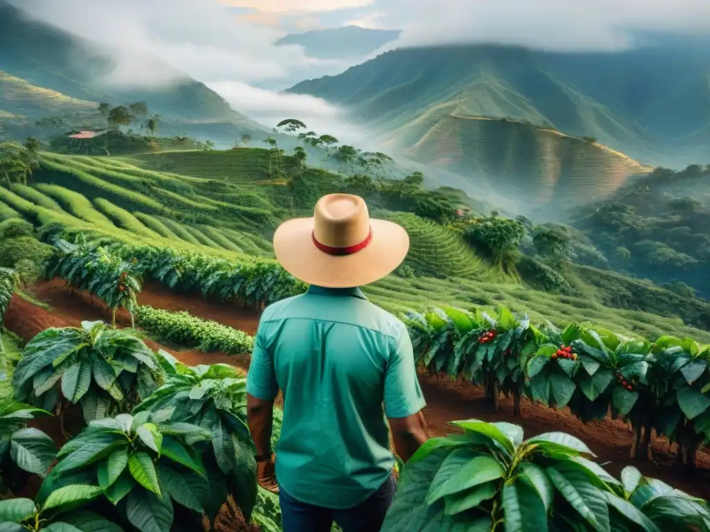 Un paisaje detallado de una plantación de café en Colombia con un agricultor recolectando granos de café, mostrando la historia del café en América