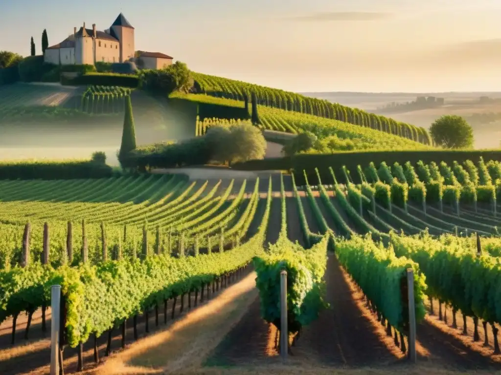 Un paisaje de ensueño en la Ruta del vino bodegas Francia: viñedos bañados por el sol, uvas maduras y un château centenario al fondo