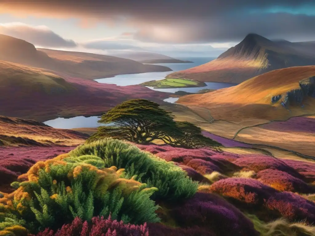 Paisaje escocés al atardecer con destilería y colinas cubiertas de brezo verde, componente sabor único whisky turba