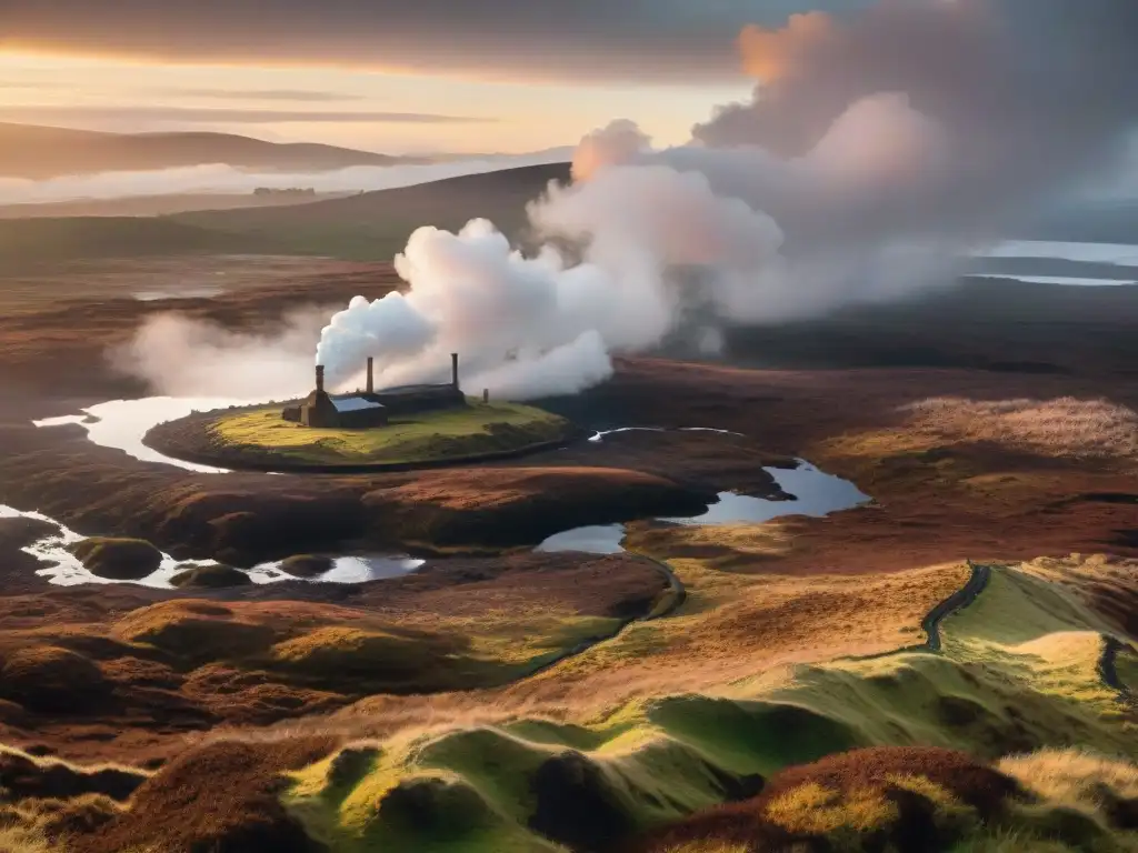 Un paisaje escocés sereno al amanecer, con turberas y suelo de turba