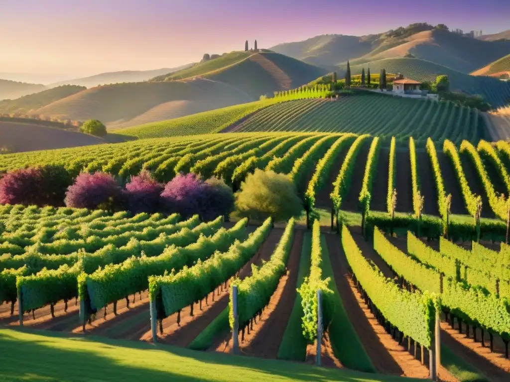 Un paisaje exclusivo en Napa Valley con viñedos perfectamente alineados al atardecer