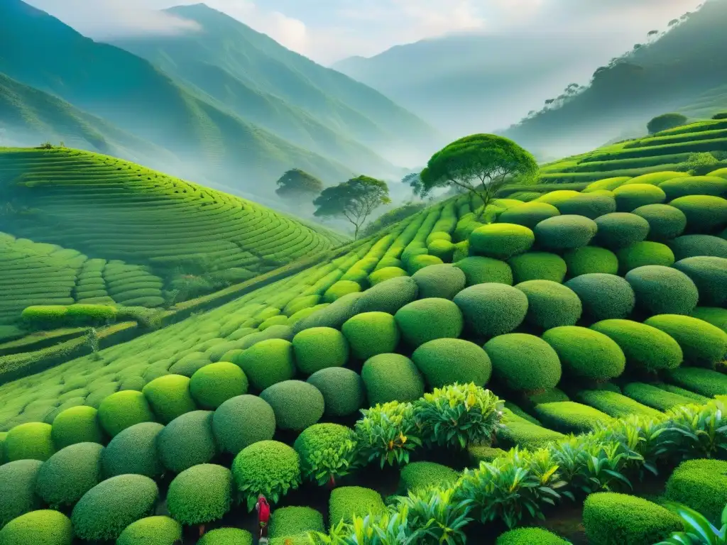 Un paisaje exuberante de una plantación de té, donde cosechadores seleccionan hojas
