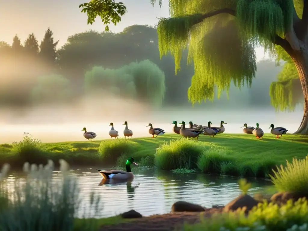 Un paisaje serene y exuberante con patos felices en un estanque, transmitiendo tranquilidad y belleza natural