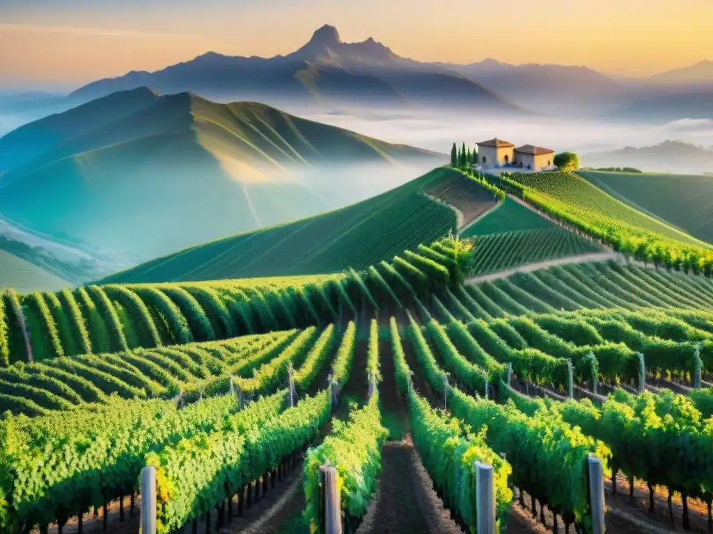 Un paisaje exuberante de viñedos con filas de uvas verdes bajo el cálido sol, con montañas al fondo