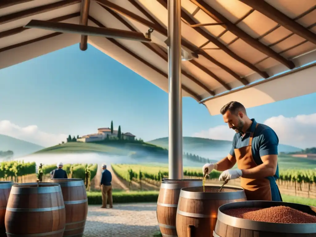 Un paisaje idílico de una destilería tradicional italiana entre viñedos, bajo un cielo azul