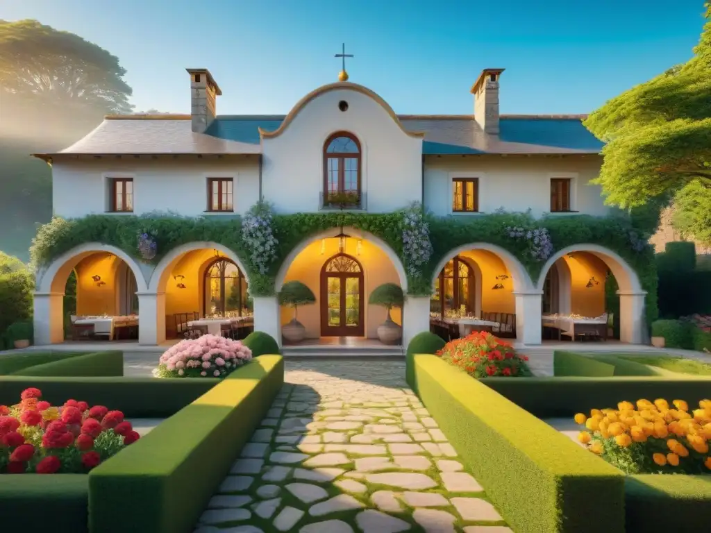 Un paisaje idílico de una panadería gourmet en la campiña, con un edificio de piedra, jardines floridos y un chef dando la bienvenida a los visitantes