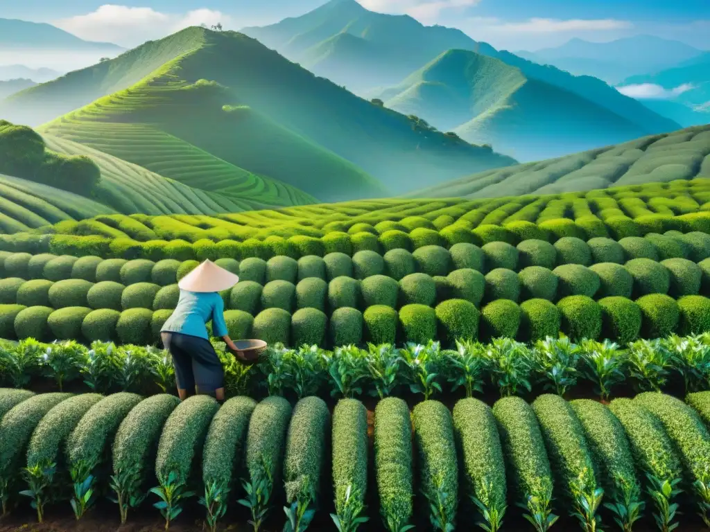 Un paisaje idílico de plantación de té verde, donde los trabajadores recolectan hojas frescas