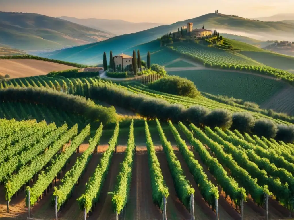 Paisaje idílico de viñedos en Toscana al atardecer, ideal para Rutas del Vino en Europa