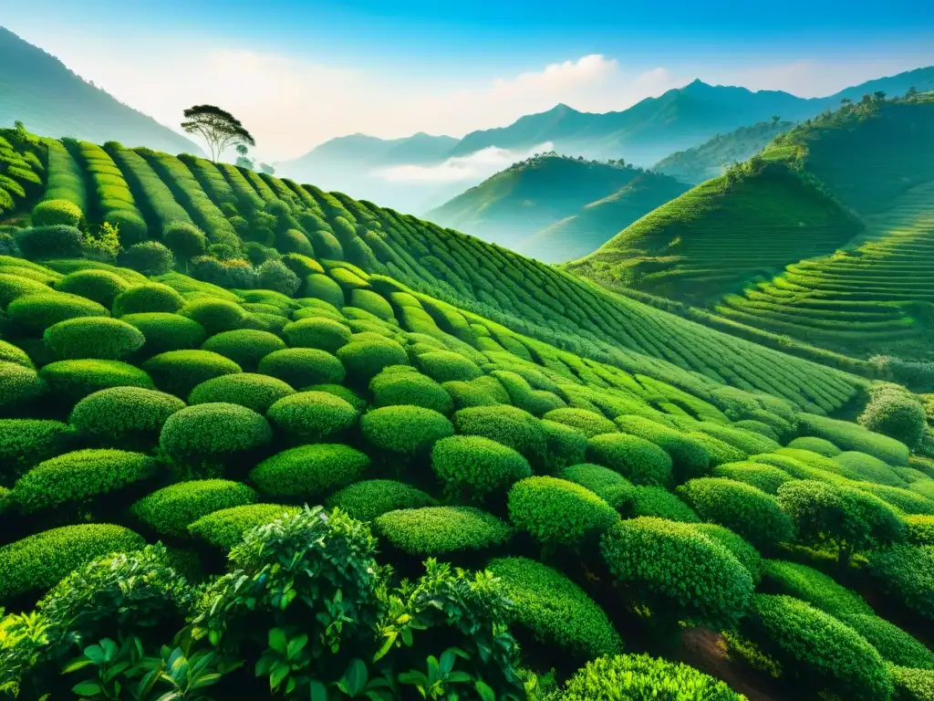 Un paisaje impresionante de plantaciones de té vibrantes y exuberantes que se extienden sin fin en colinas onduladas bajo un cielo azul claro