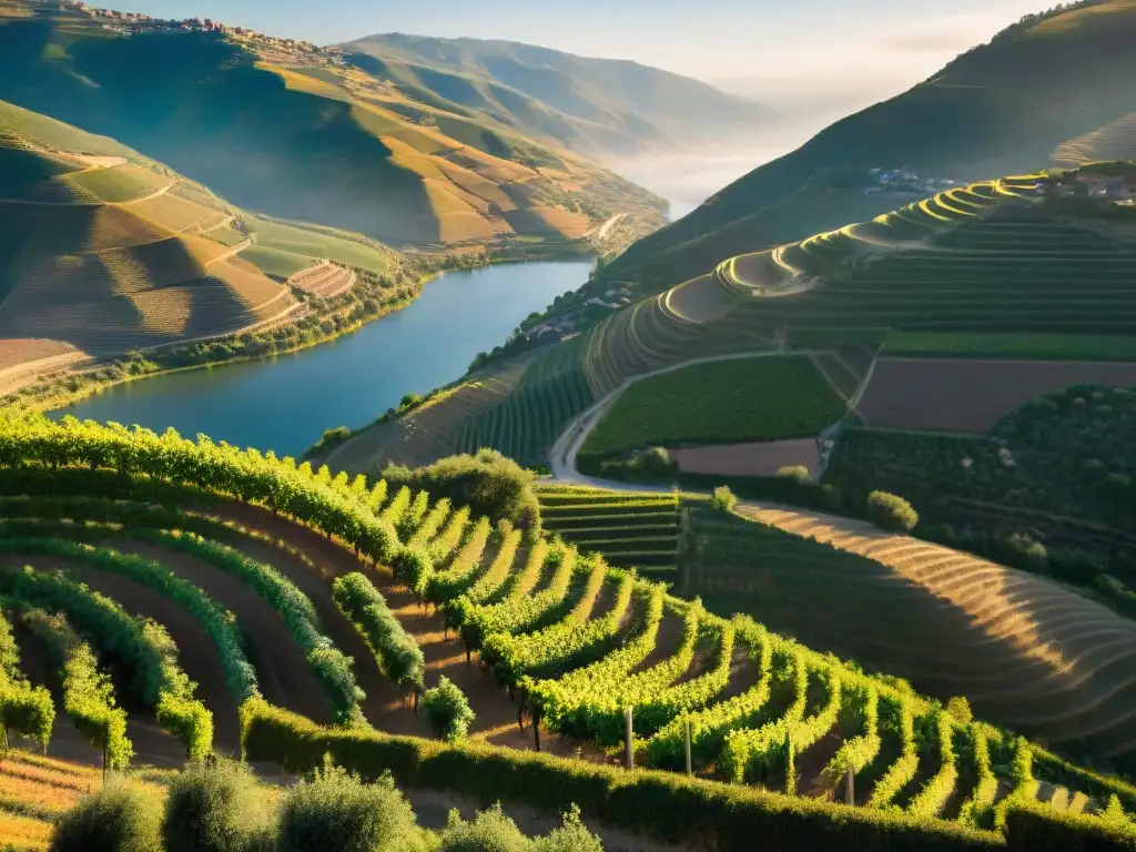 Un paisaje mágico de los viñedos escalonados del Valle del Duero en Portugal al atardecer