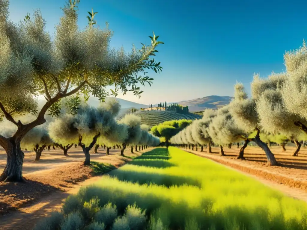 Un paisaje mediterráneo idílico de un olivar bañado por el sol, repleto de olivos vibrantes y maduros