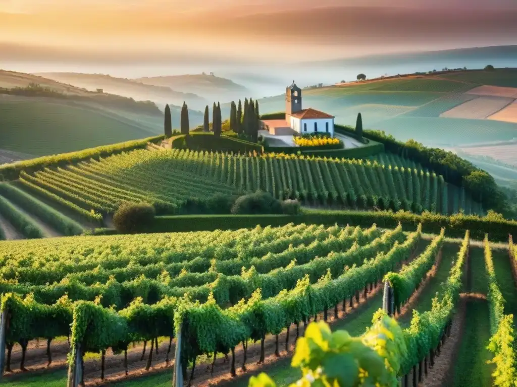 Paisaje sublime de viñedo en Portugal al atardecer, con vides verdes y bodega histórica