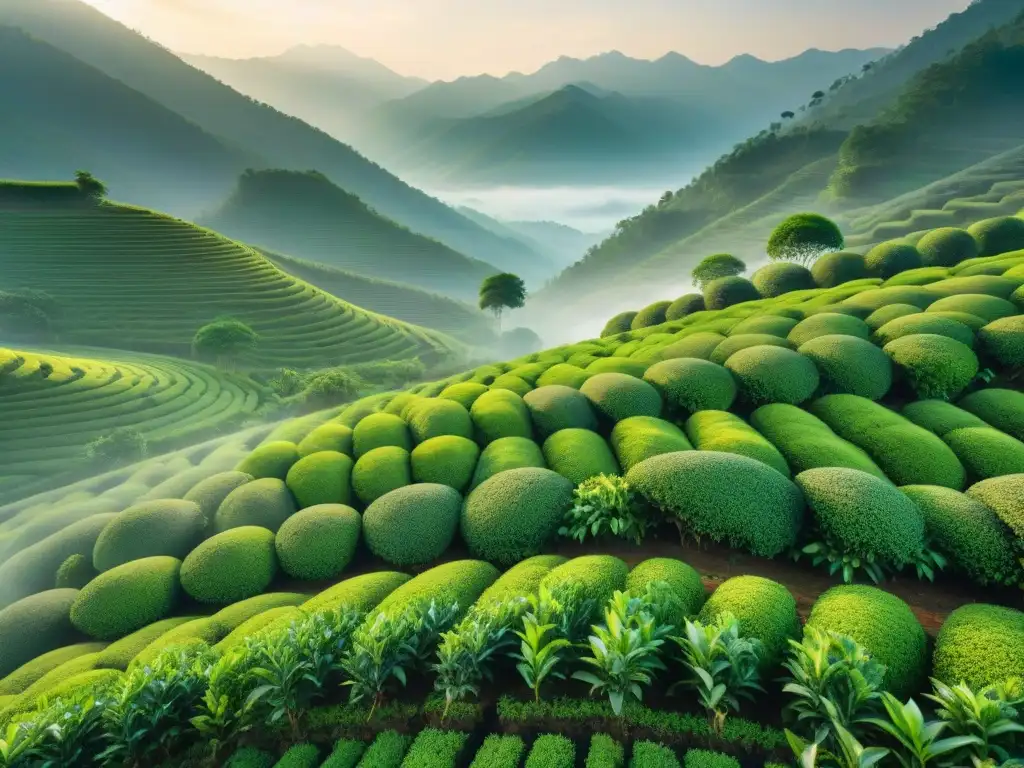 Un paisaje de plantación de té verde en Asia, con una recolectora de té y un entorno sereno