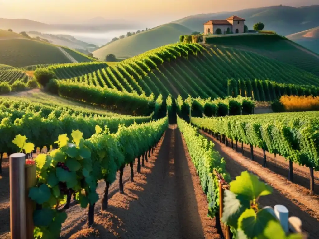 Paisaje de viñedo al atardecer con viñas verdes bajo cielo dorado