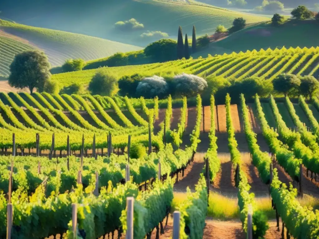 Un paisaje de viñedos orgánicos sostenibles gourmet bañados por el sol, con uvas púrpuras brillantes y una bodega rústica al fondo