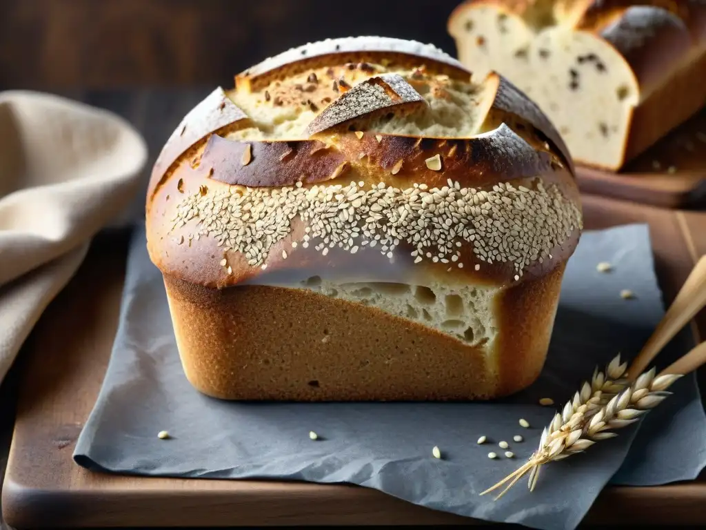 Un pan de centeno artesanal gourmet rodeado de granos especiales en una panadería acogedora