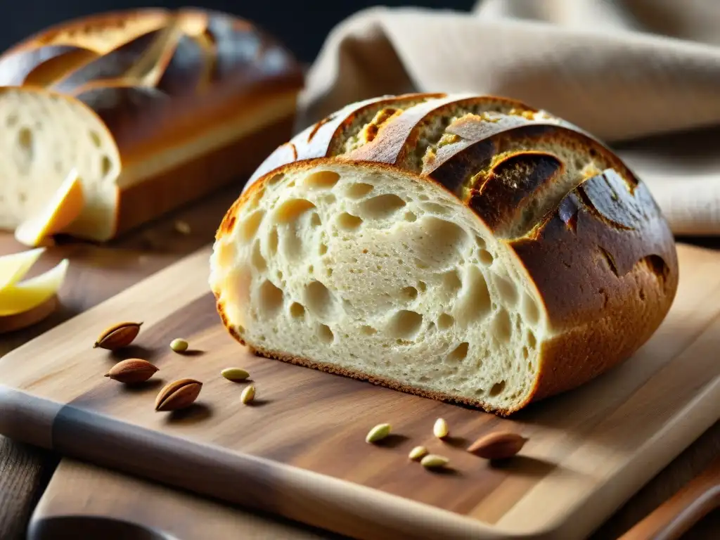 Pan de centeno artesanal gourmet con costra dorada y granos de centeno, sobre tabla de madera rústica iluminado por el sol