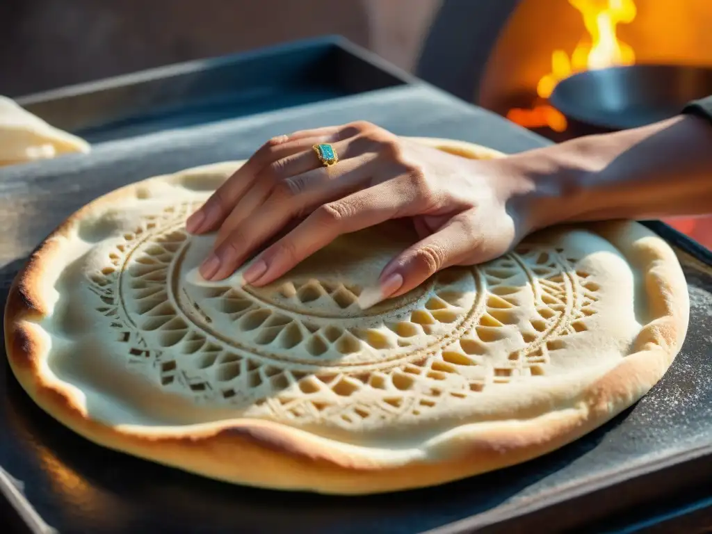 Un pan marroquí tradicional es hábilmente estirado a mano, mostrando técnicas tradicionales panes planos con patrones intrincados en la masa