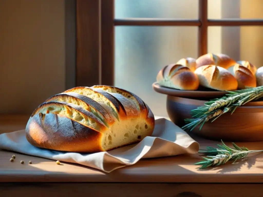 Delicioso pan mediterráneo artesanal en mesa de madera Pan perfecto de técnicas mediterráneas en mesa rústica con granos de trigo y romero, bañado por luz dorada