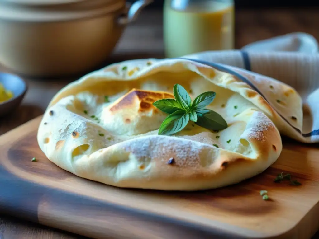 Pan de Pita receta fácil: Pan de Pita casero recién horneado en una cocina mediterránea tradicional, sobre tabla de madera