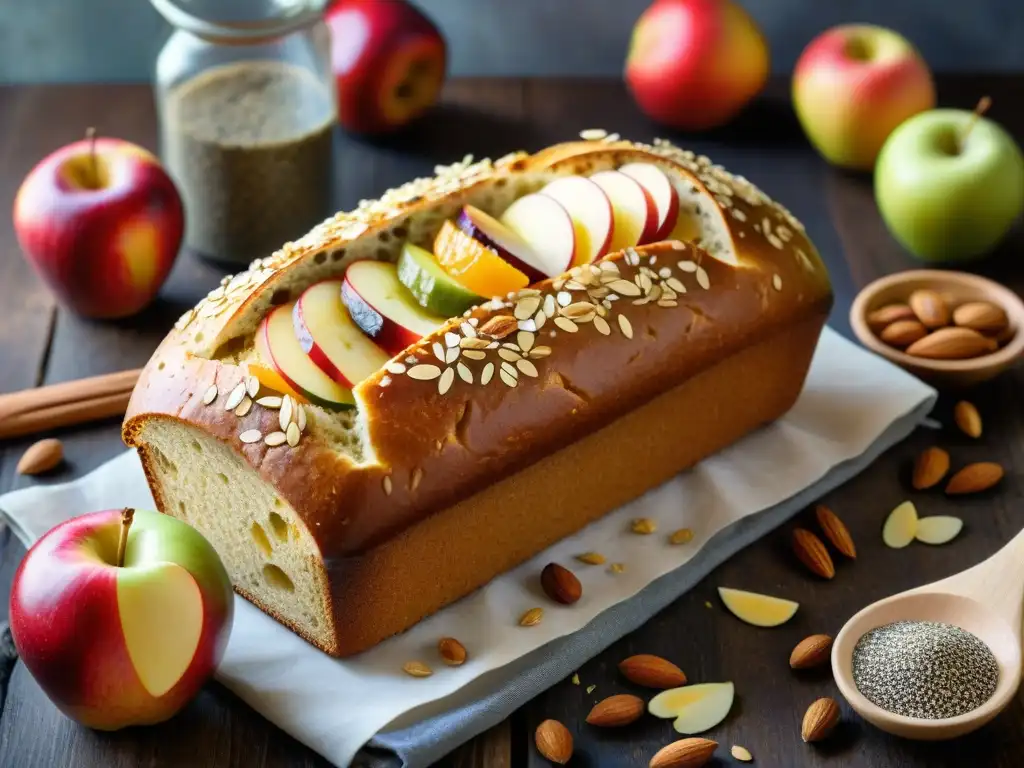 Un pan recién horneado con frutas, nueces y semillas, formando una composición colorida y deliciosa en una mesa de madera rústica