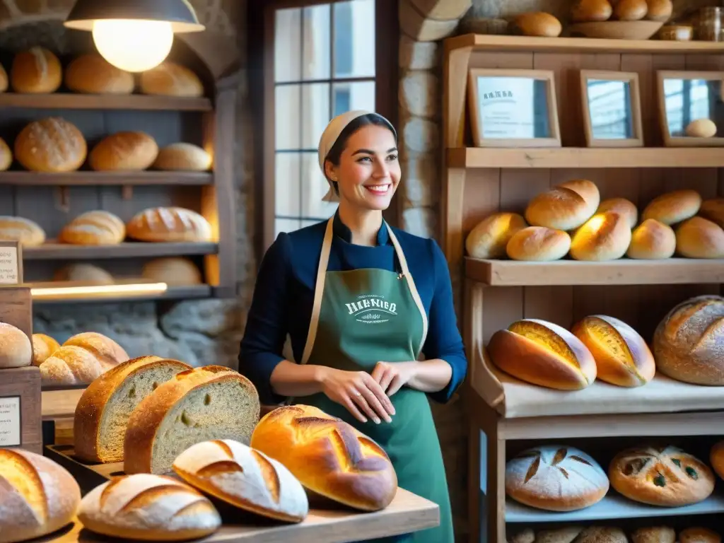 Panadería artesanal en un encantador pueblo europeo, con panes gourmet recién horneados en estantes de madera y una atmósfera acogedora y nostálgica