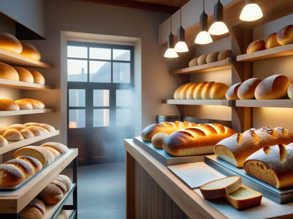 Panadería artesanal internacional gourmet con panes variados y clientes felices alrededor