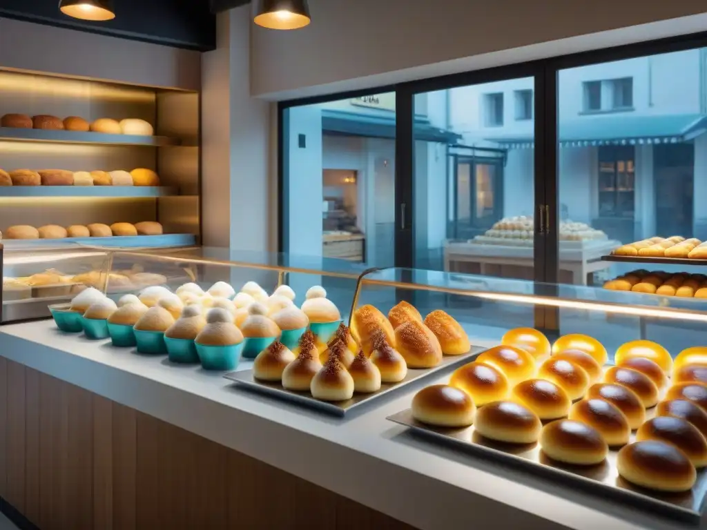 Panaderías artesanales internacionales gourmet: escena vibrante de una panadería en Asia con panes y pasteles innovadores