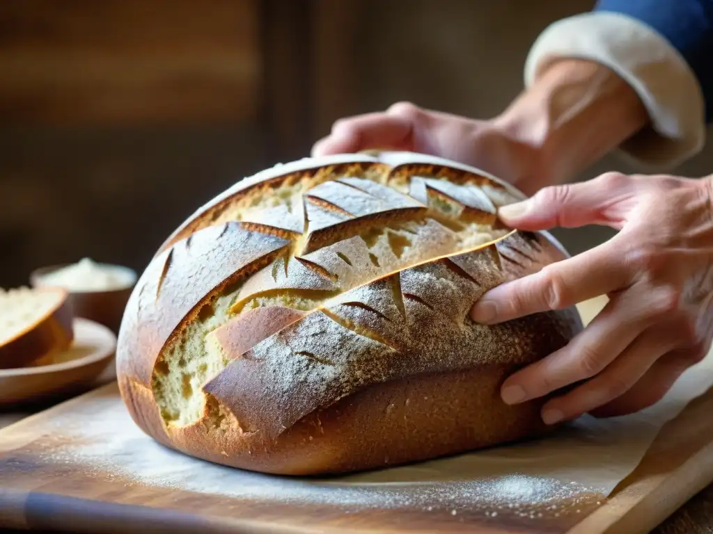 Un panadero artesanal moldea con destreza un pan de centeno gourmet, resaltando la textura y el amor en cada detalle de la creación