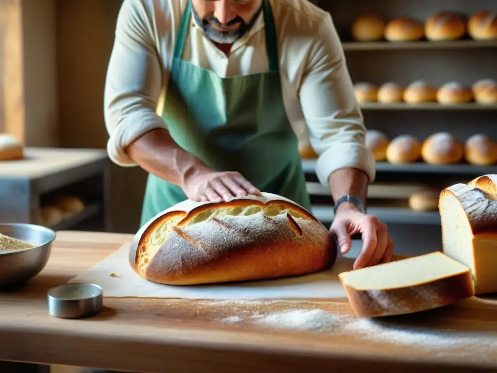 Panadero artesanal da forma a un pan gourmet en una panadería rústica soleada, destacando el alma del proceso de panadería