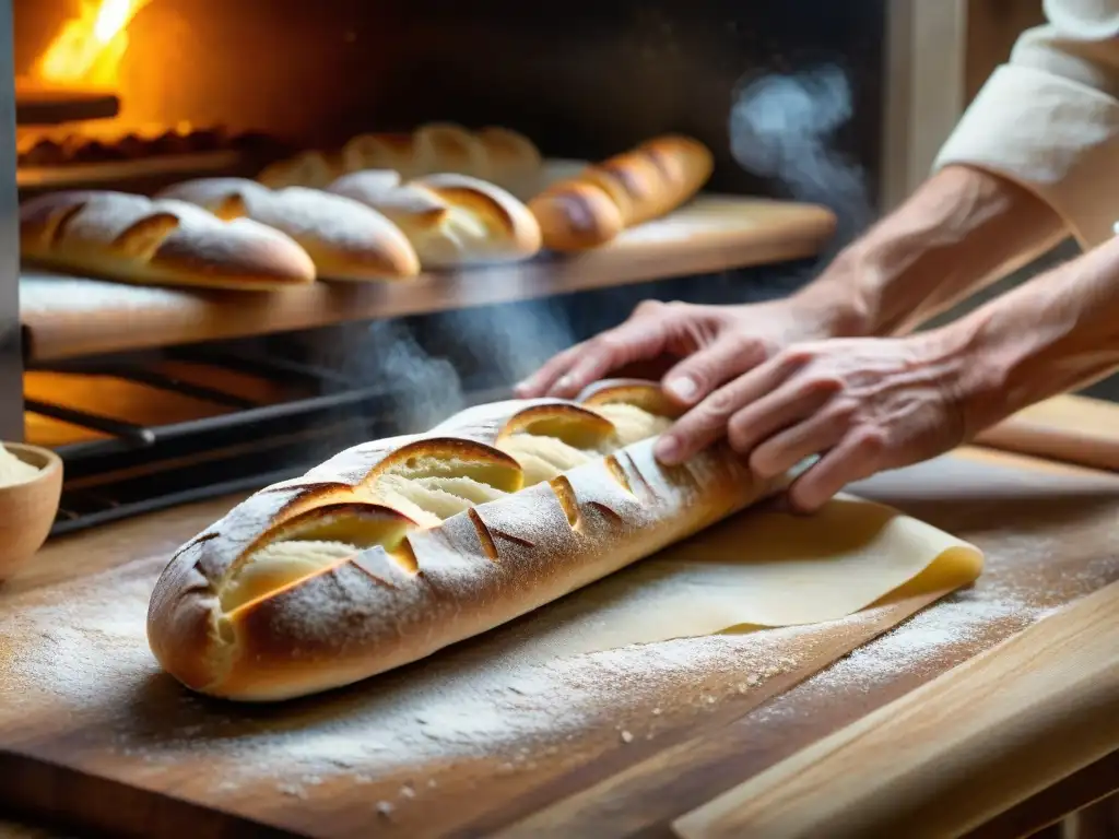 Un panadero en París modelando con destreza una baguette, con harina esparcida y el cálido brillo del horno al fondo