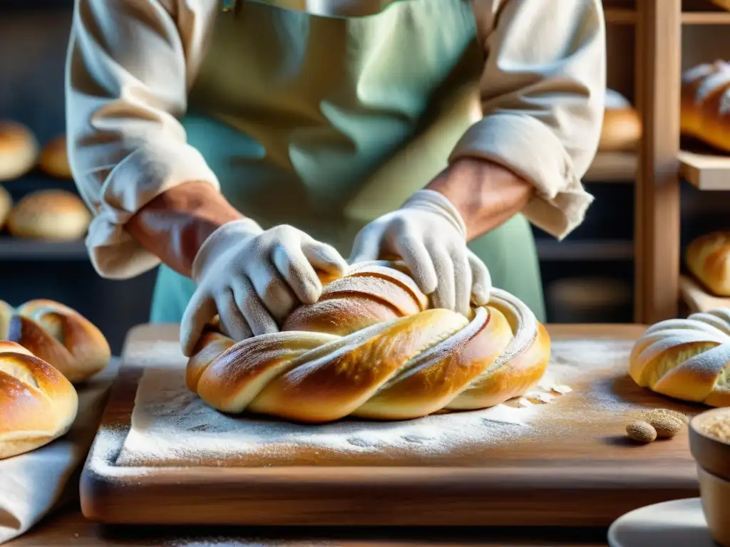 Un panadero crea con destreza panes trenzados en una panadería sostenible, reduciendo desperdicio