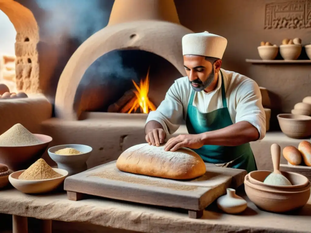 Un panadero egipcio antiguo horneando pan en horno de barro