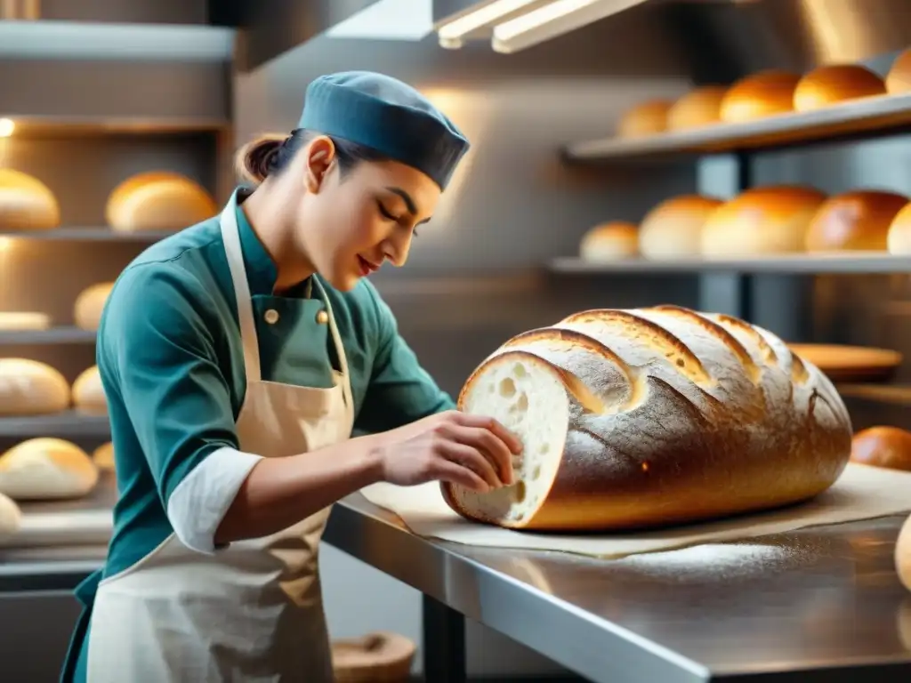 Un panadero experto moldeando un detallado pan de masa madre en una panadería moderna, técnicas avanzadas panadería profesionales aficionados