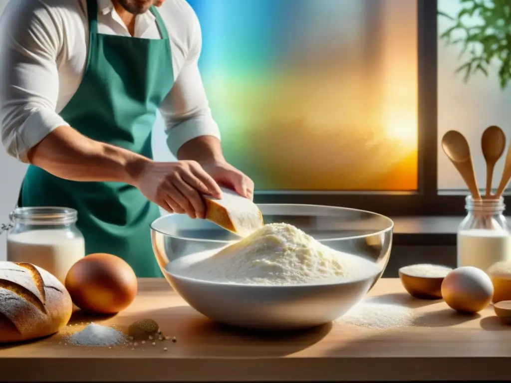 Un panadero experto combina ingredientes en una cocina moderna, mostrando la química del pan para gourmet