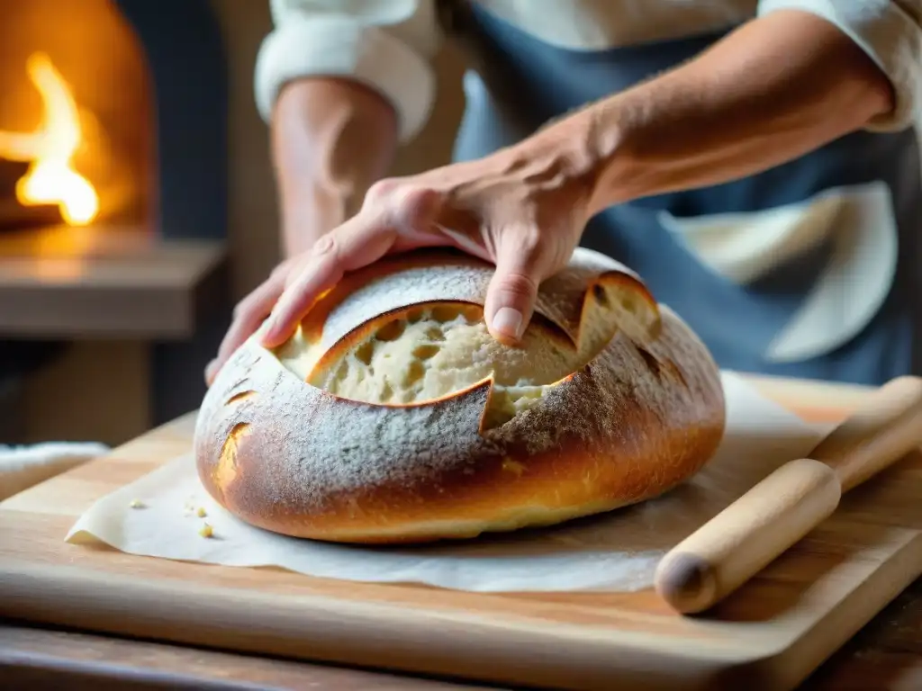 Un panadero experto moldea a mano un rústico pan de masa madre en una panadería sostenible, reduciendo desperdicio