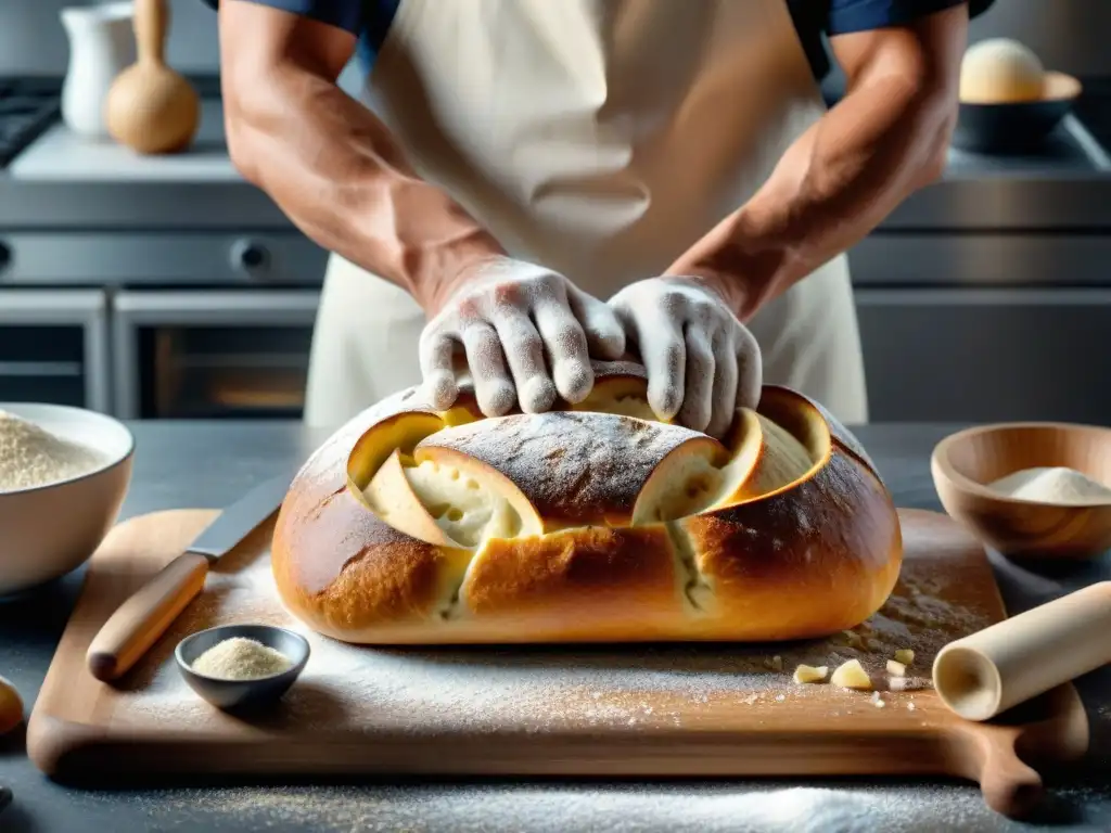 Un panadero experto moldeando con precisión un exquisito pan artesanal en una cocina moderna