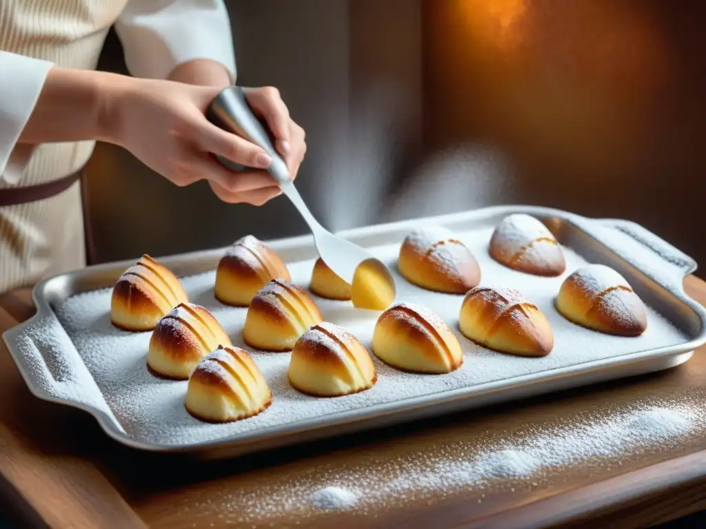 Un panadero francés espolvorea azúcar glass sobre madeleines recién horneadas