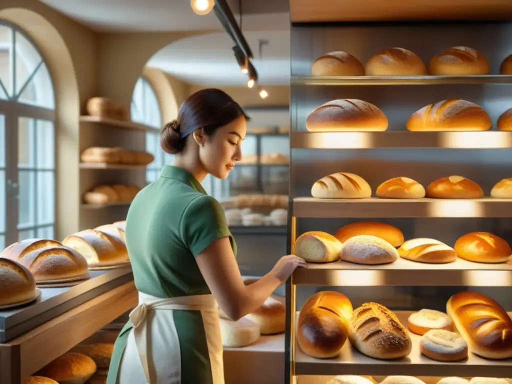 Un panadero maestro moldea pan de masa madre en una panadería artesanal en París, con panes y pasteles gourmet en estantes de madera