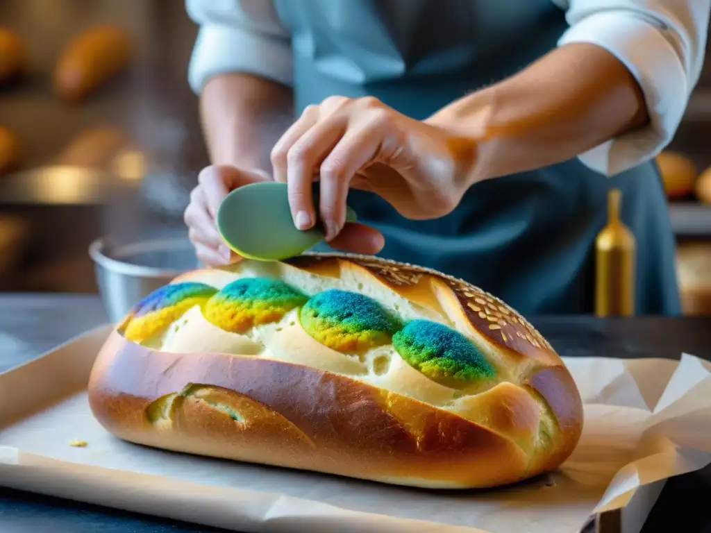 Un panadero profesional aplica con destreza coloridas decoraciones comestibles en pan artesanal, destacando las técnicas avanzadas de panadería